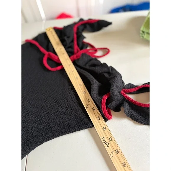 Cider Black Red Ruffle Bow Textured Sweetheart Neck Midi Dress Size M - Picture 7 of 8